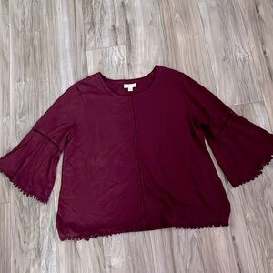 Style & Co - burgundy,flared sleeves, fringe on sleeves and bottom of shirt